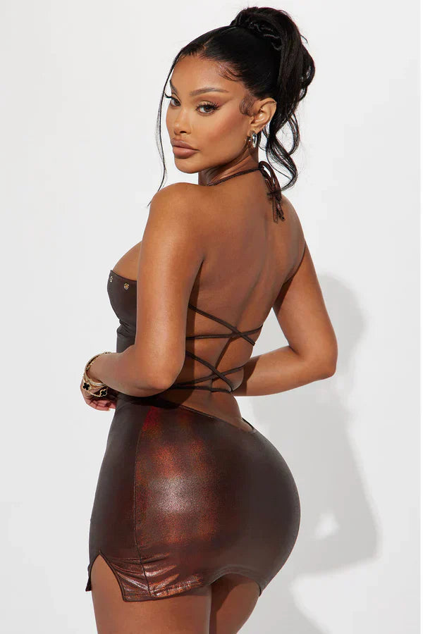 Metallic Lace-Up Mini Dress